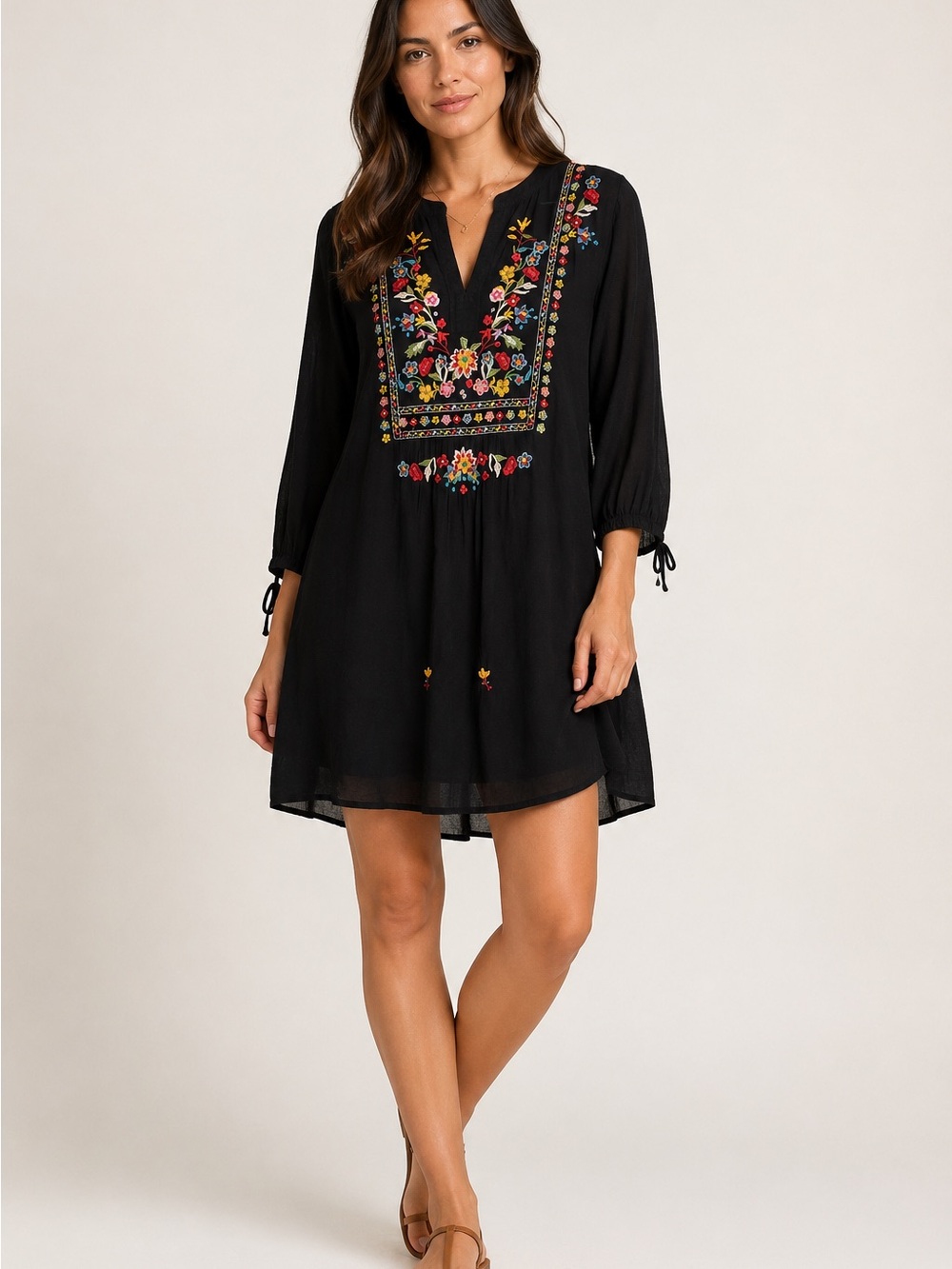 Johnny Was Embroidered Tunic Dress Boho Floral Black Peasant Mini
